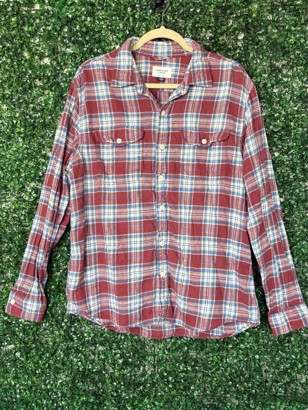 American Eagle Outfitters Red and Blue Plaid Button-Down Shirt